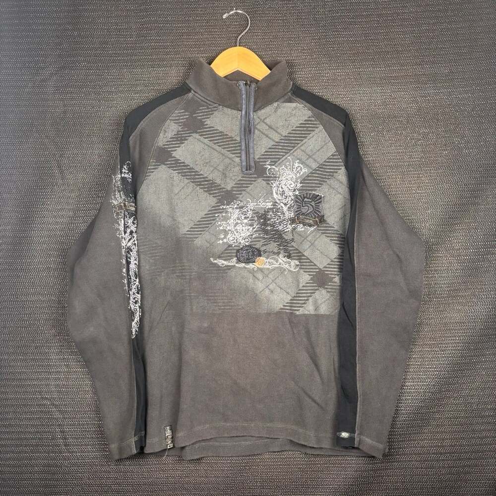 Y2K Plaid Graphic 1/4 Zip Sweatshirt Gray